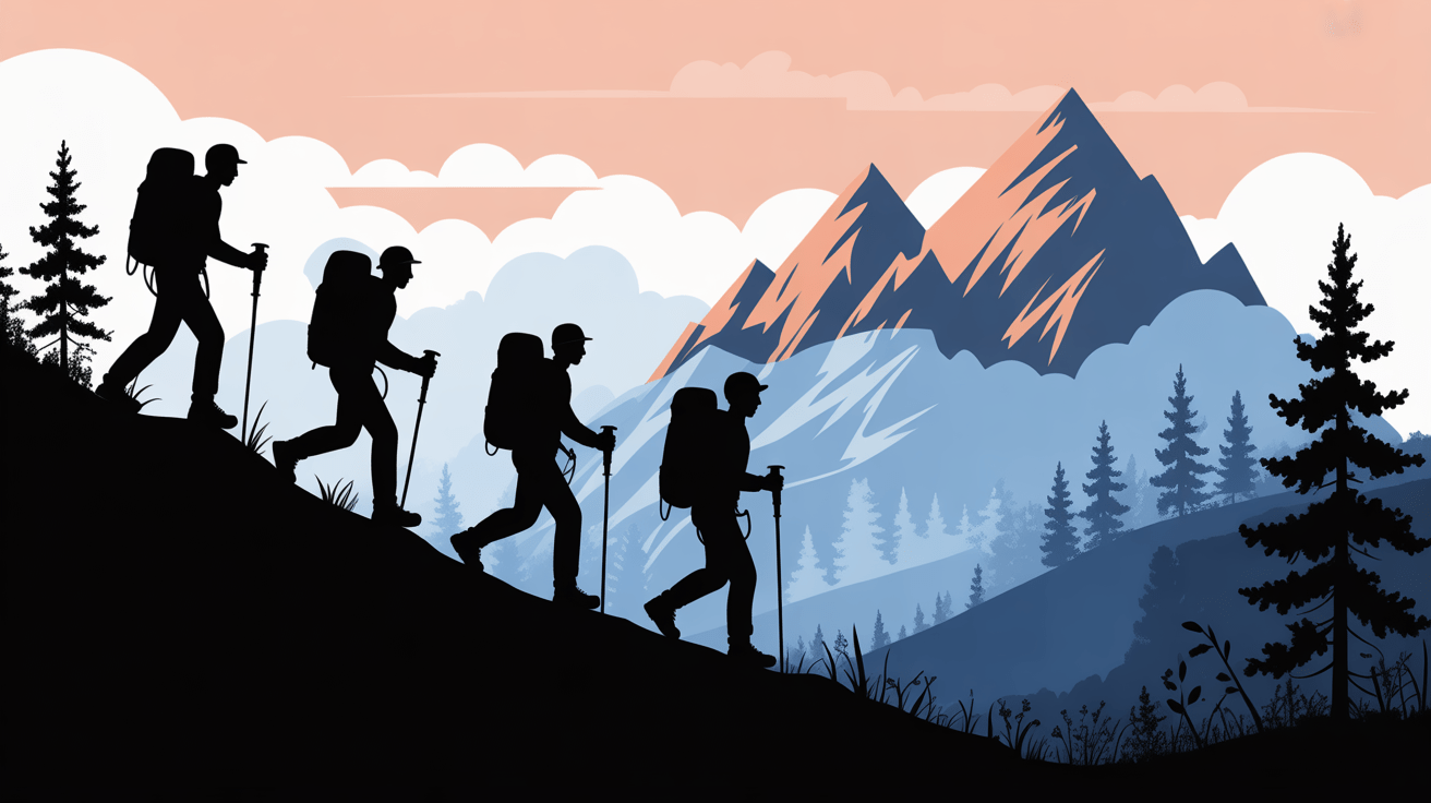 Randonneurs gravissant sommet montagne Afrique matin brumeux