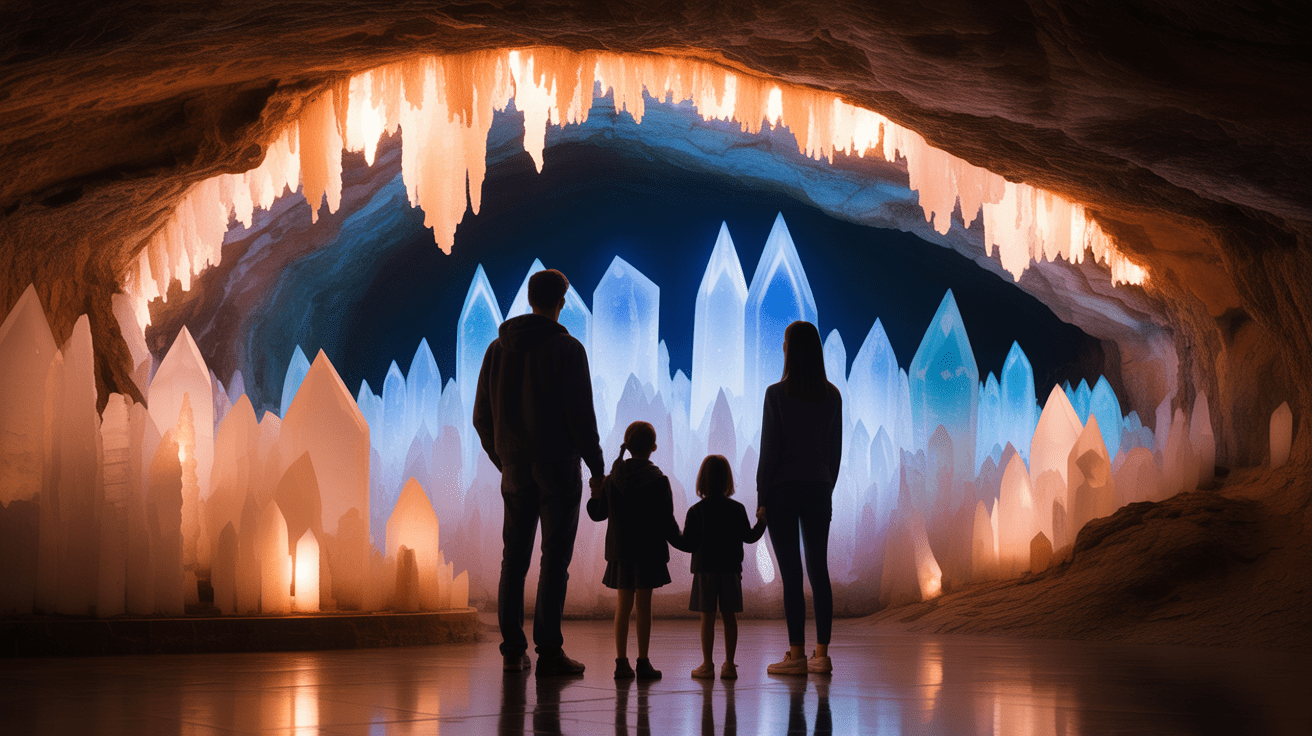Famille admirant cristaux grotte de Maxange