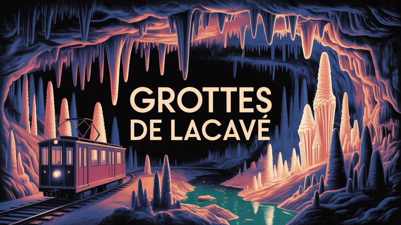 intérieur grottes de lacave avec stalactites et petit train
