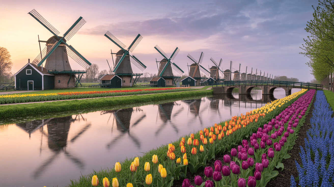 alignement moulins hollande canal tulipes