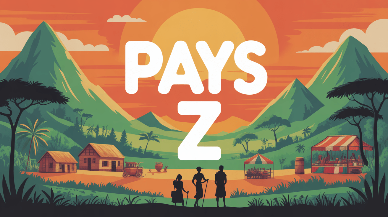 Pays Z panorama avec montagne marché et voyageurs