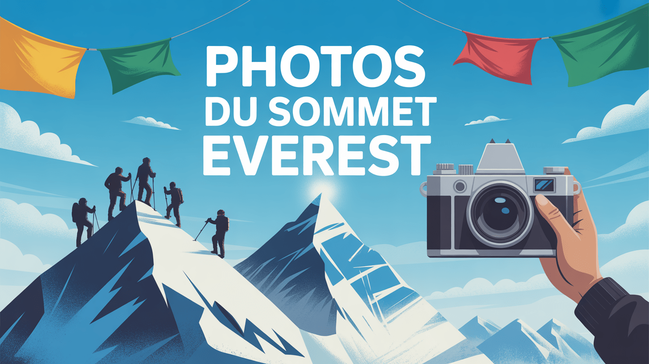 sommet everest photo alpinistes drapeaux neige