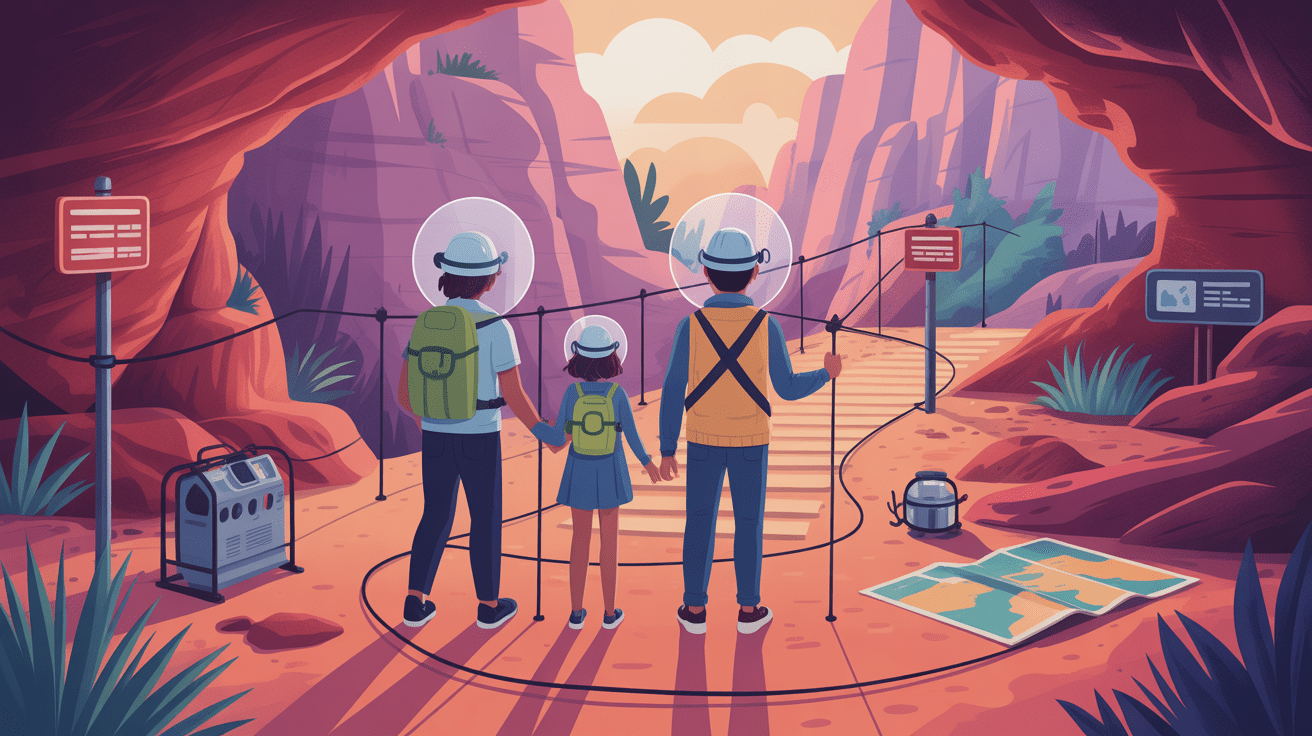 Famille explorant grotte Ardeche visiteurs casques