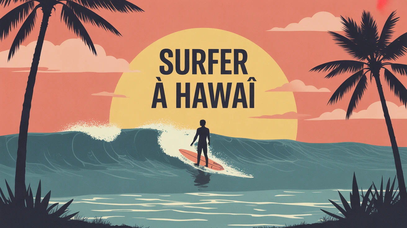 illustration numérique de surfer à Hawaï avec vagues et coucher de soleil