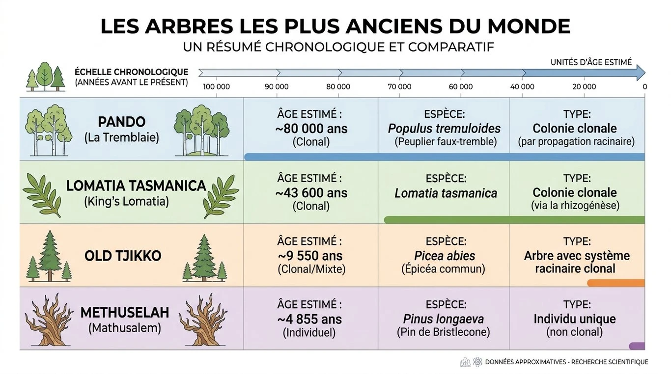 Infographie comparative des arbres les plus vieux du monde : âge, espèce et type