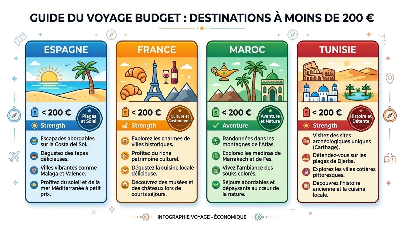 Infographie comparative des destinations de voyage tout compris à moins de 200 euros
