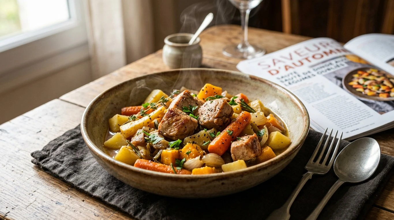 Sauté de dinde aux légumes d'automne servi dans une assiette