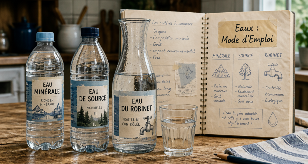 eau minerale ou eau de source sur table, comparaison visuelle