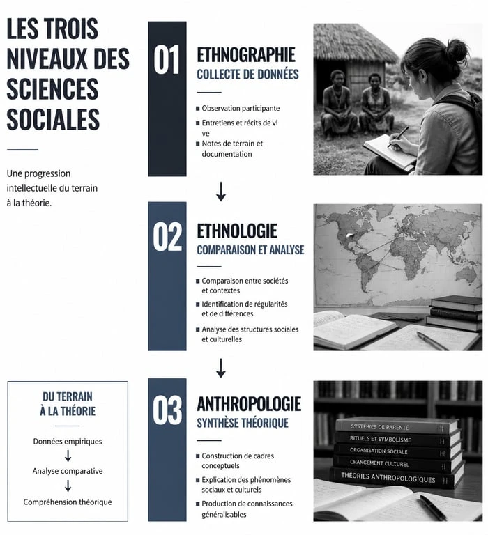 Schéma illustrant les différences entre ethnographie, ethnologie et anthropologie dans une approche ethnographique