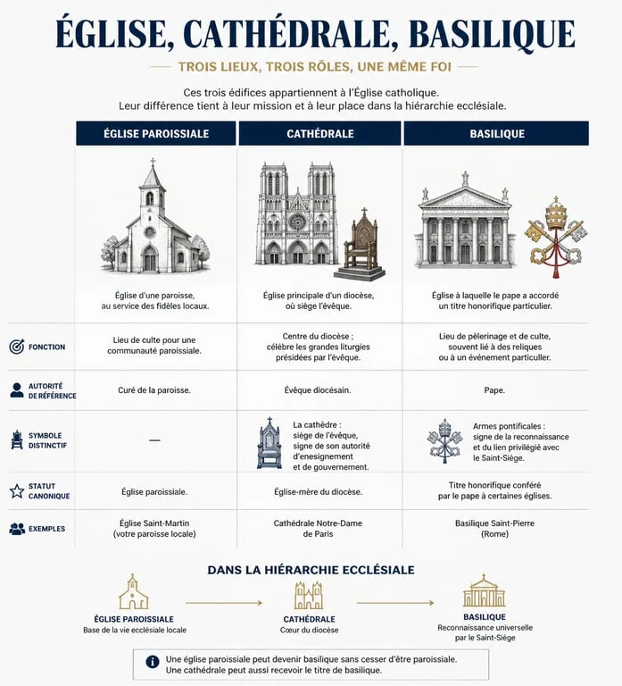 Infographie comparative : différence entre église, cathédrale et basilique
