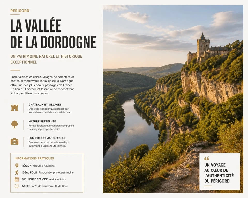 Vue panoramique sur la vallée de la Dordogne et ses châteaux lors d'une randonnée