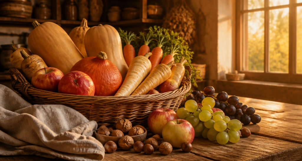 fruit et legume automne sur table rustique
