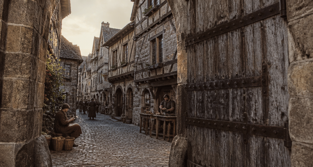 medieval village stone gate and timbered houses