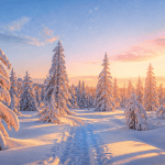 Paysages enneigés sapins Laponie sentier raquettes