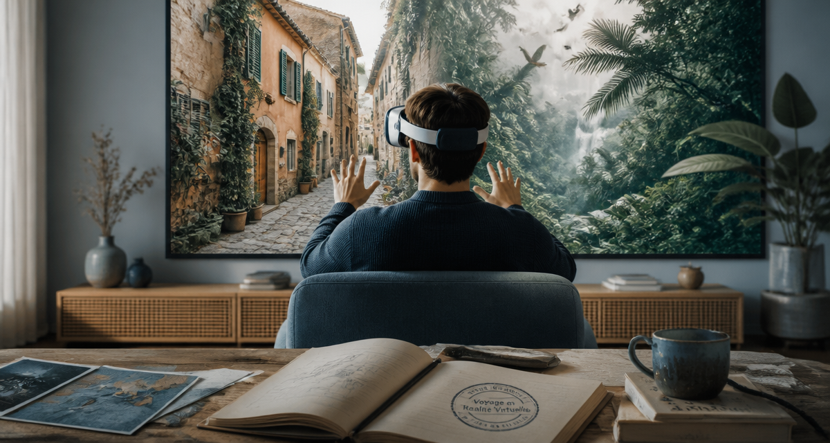 Réalité virtuelle voyage dans un salon moderne