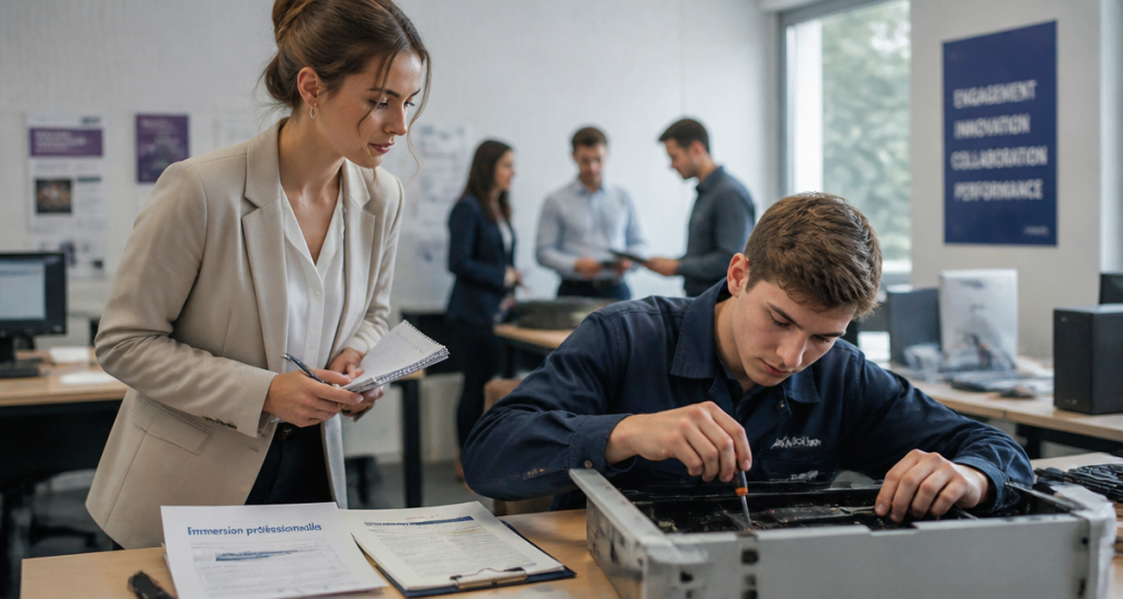 Stage immersion jeune femme observe technicien