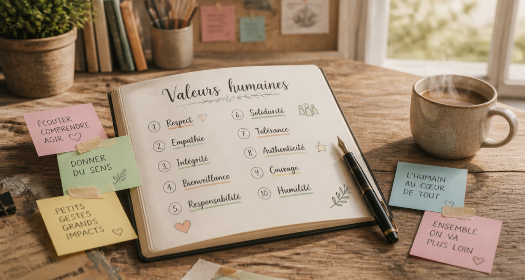 Carnet avec valeurs humaines manuscrites sur table de bureau