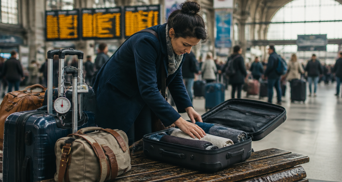 voyageuse organise valise moyenne en gare