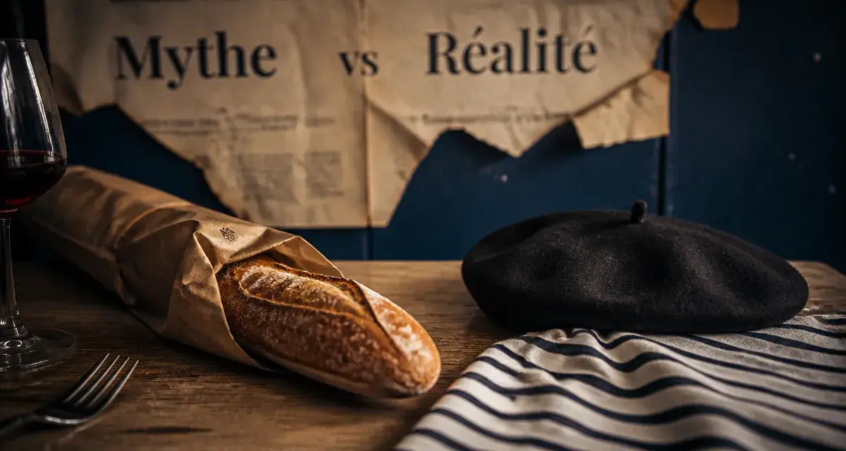 Clichés sur les français : baguette et béret sur table