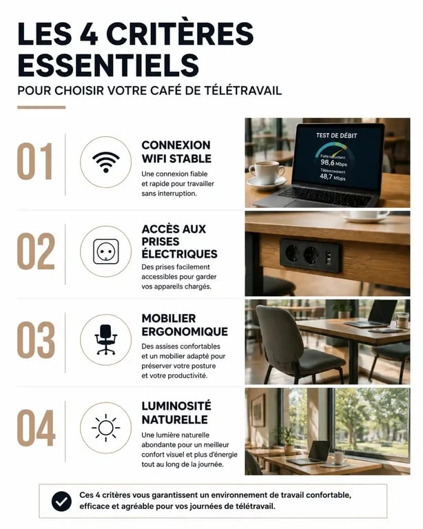 Infographie des critères essentiels pour choisir un café pour le télétravail