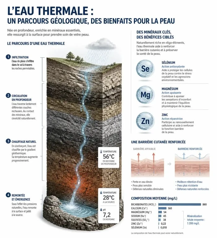 Infographie sur les bienfaits de l'eau thermale et ses propriétés minérales pour la peau