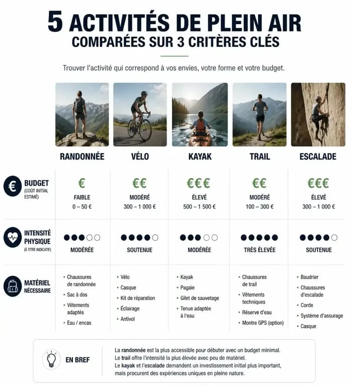 Tableau comparatif des activités à faire entre amis dehors selon le budget et l'intensité physique