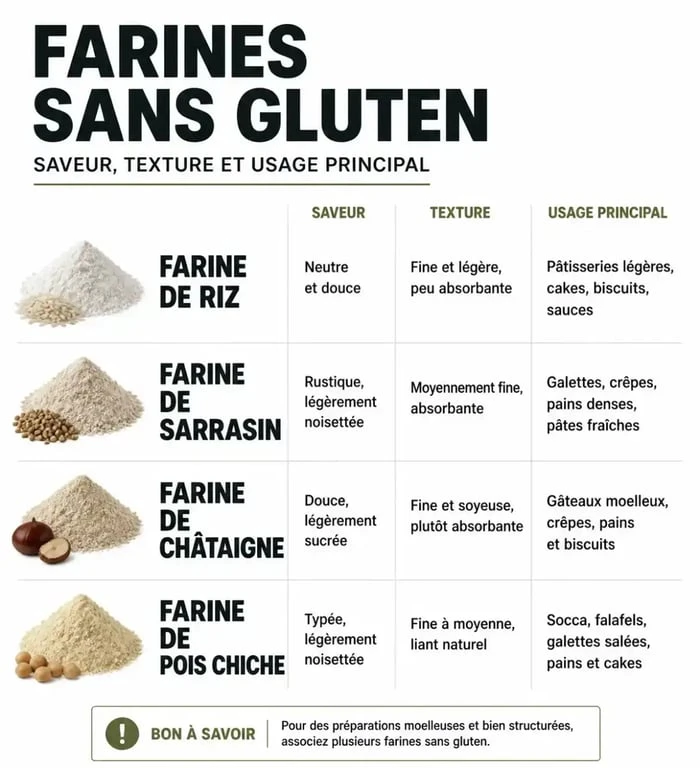 Infographie comparative des propriétés et usages des farines sans gluten pour la pâtisserie