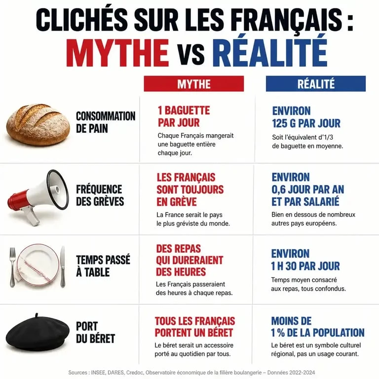 Infographie comparative des clichés sur les Français : Mythe vs Réalité