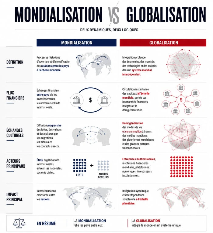 Infographie comparative entre mondialisation et globalisation illustrant les différences conceptuelles et historiques