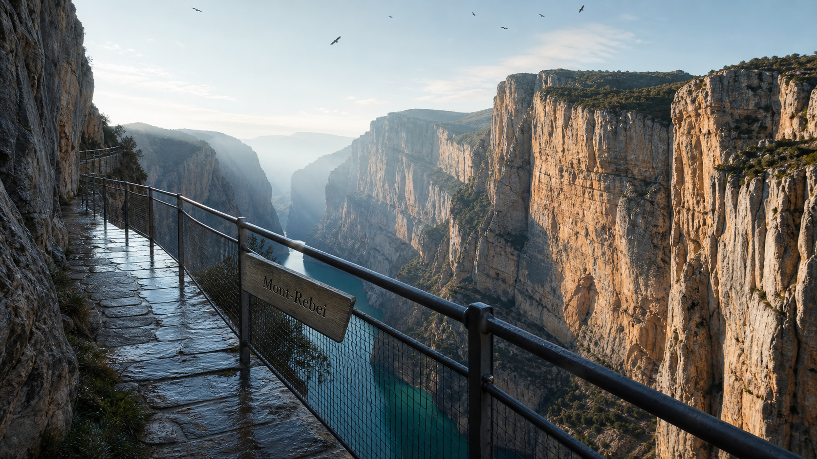 Vue gorge du Mont-Rebei, sentier en falaise et vide sur le canyon