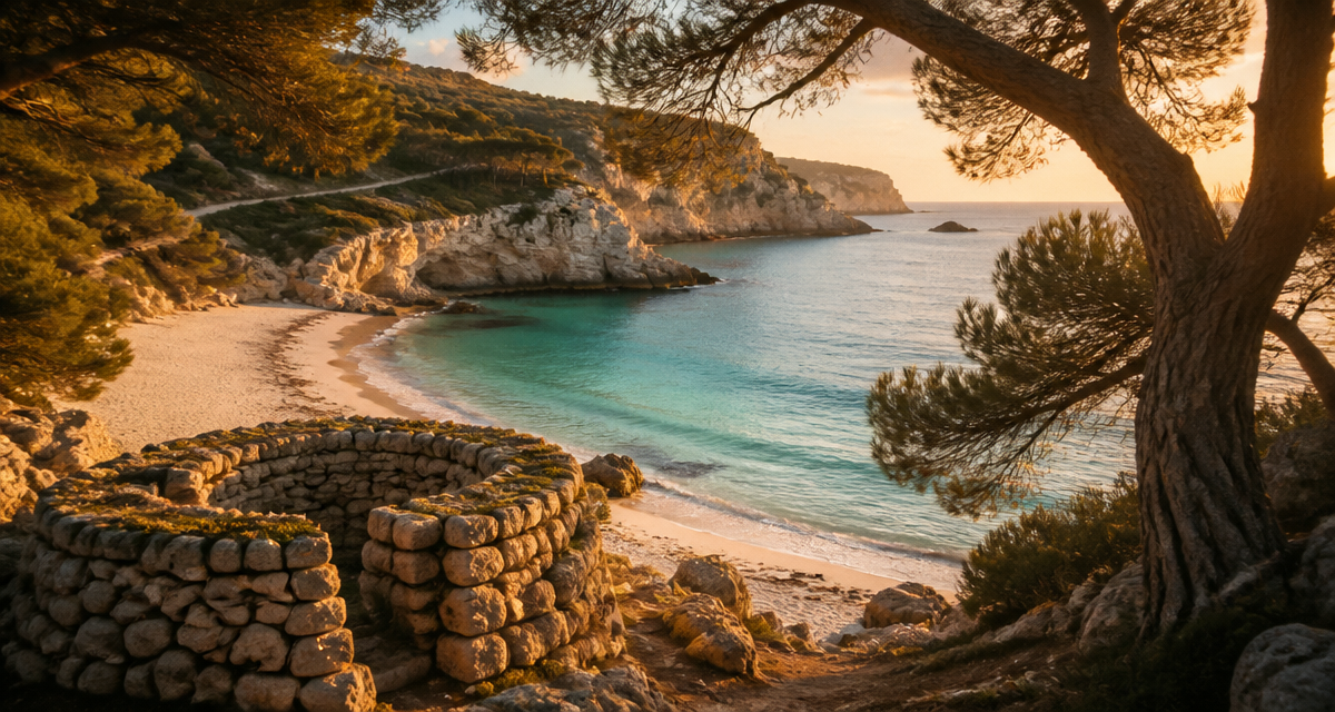 balearic island of menorca secret beach at golden hour