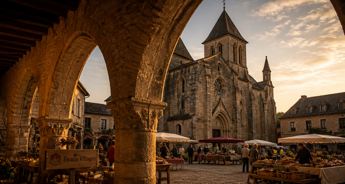 Place centrale de Villeneuve d’Aveyron au coucher du soleil