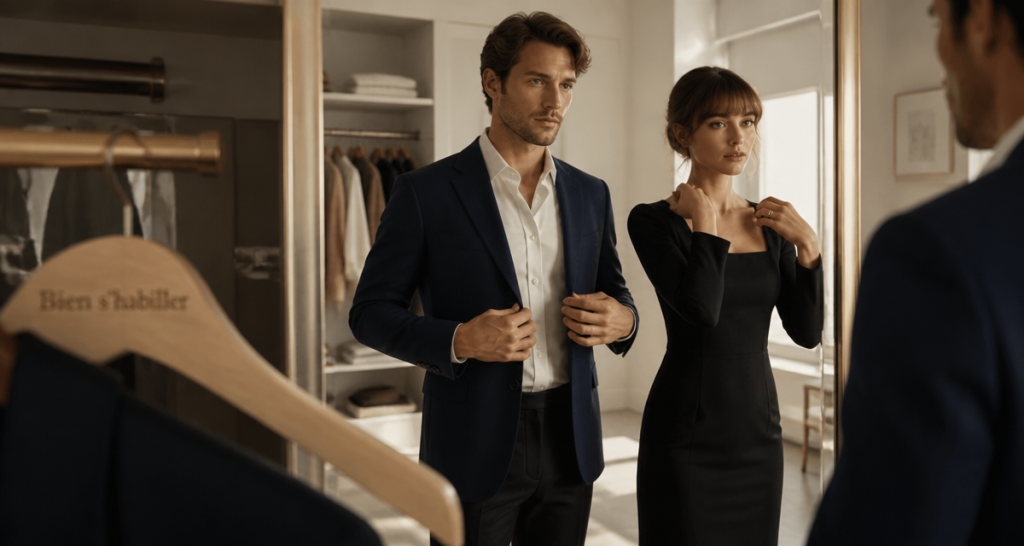 Homme et femme bien habillés devant miroir garde-robe minimaliste