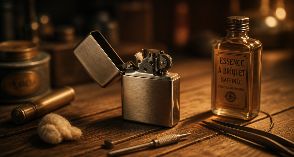 briquet a essence metal sur table bois