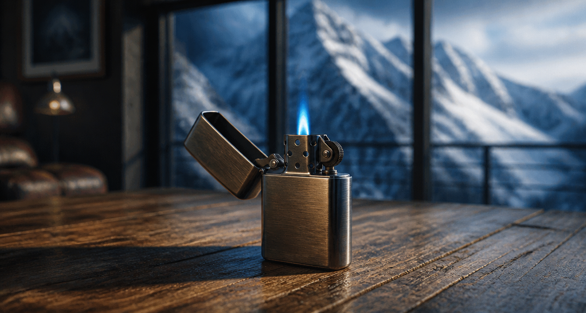 briquet tempete flamme bleue sur table bois