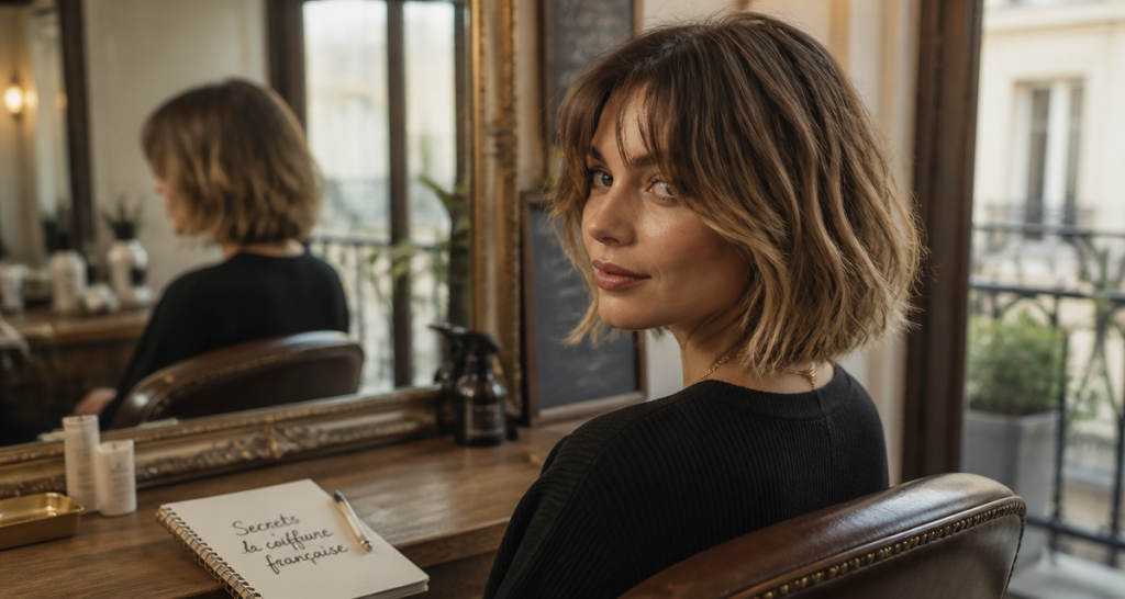 coiffure français carré flou frange balayage doré