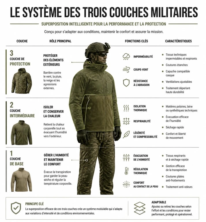 Infographie explicative du système des trois couches dans l'habillement militaire pour la survie en extérieur