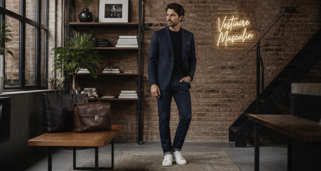 Homme à la mode en blazer et jean
