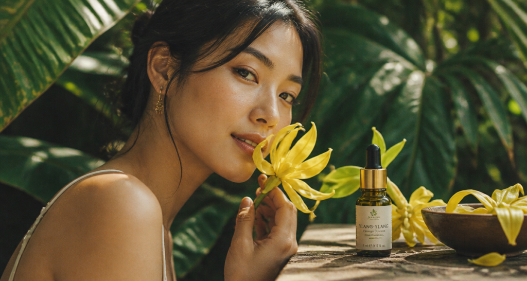 huile essentielle ylang ylang bienfaits portrait femme fleur