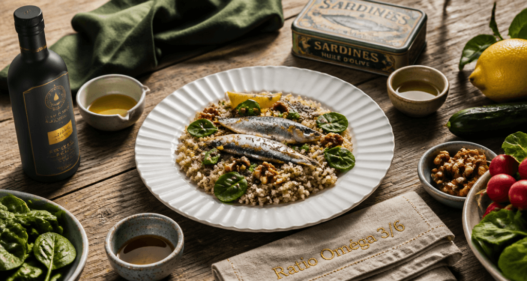 assiette salade omega 3 et 6 huiles sardines