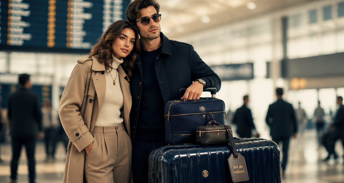 set de valise assorti couple aéroport