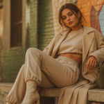 Survetement tendance femme oversize beige sur banc urbain