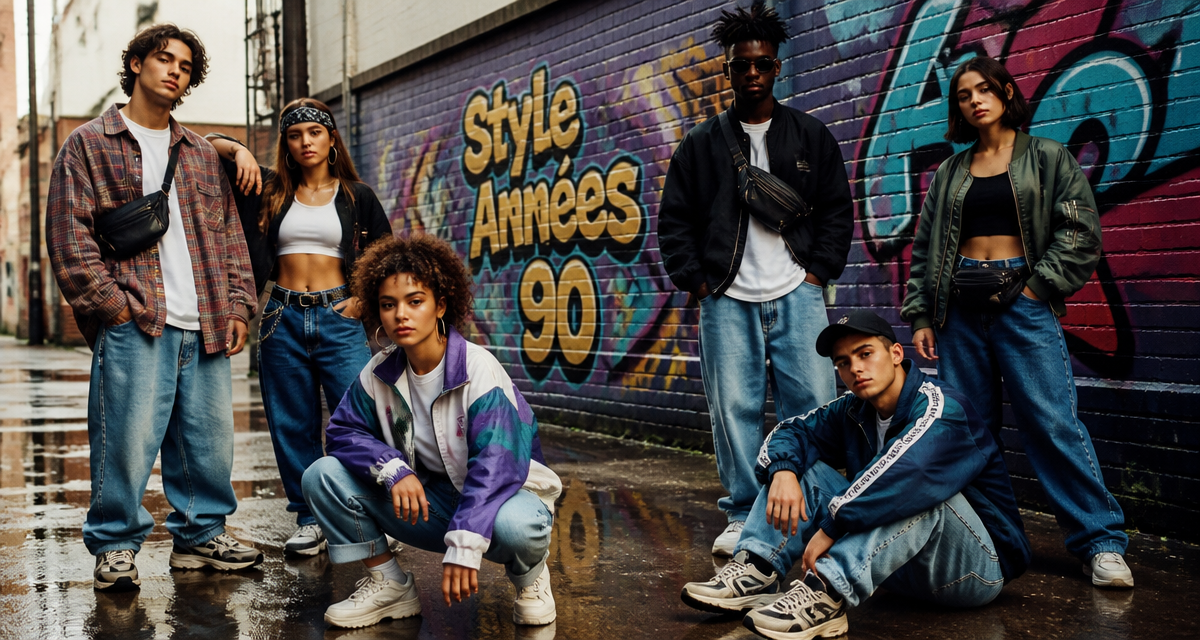 groupe jeunes en tenue année 90 ruelle urbaine