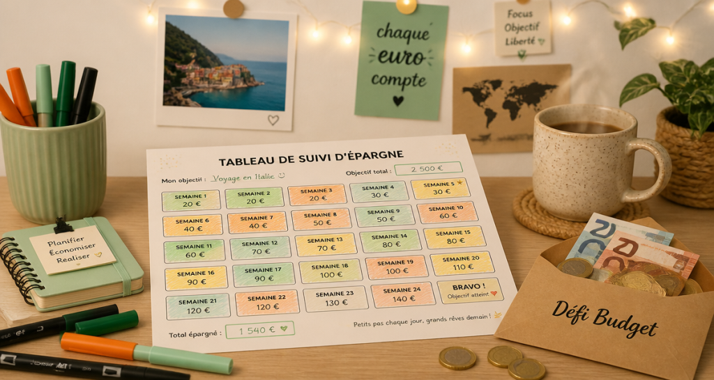 défi budget à imprimer gratuit sur bureau avec tableau et enveloppe