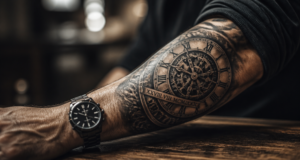 Tatouage horloge date de naissance sur avant-bras masculin
