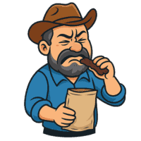 Showing a cartoon farmer wincing in disgust while chewing jerky from a brown bag.