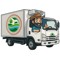 Showing a cartoon farmer giving a thumbs up while driving a refrigerated delivery truck.