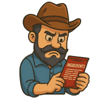 Showing a cartoon farmer frowning while reading food ingredients on a red packet.