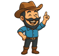 Showing a smiling cartoon farmer with a beard, blue shirt, and cowboy hat.