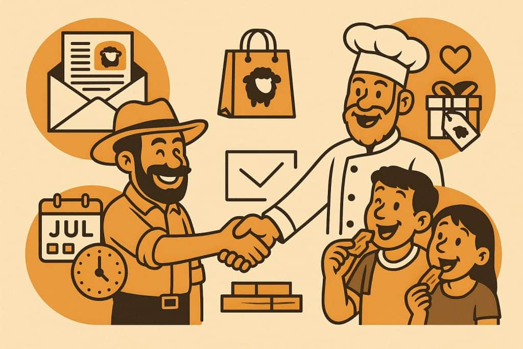 Customer Rewards Lamb Showing cartoon farmer and chef shaking hands, promoting customer rewards for lamb buyers